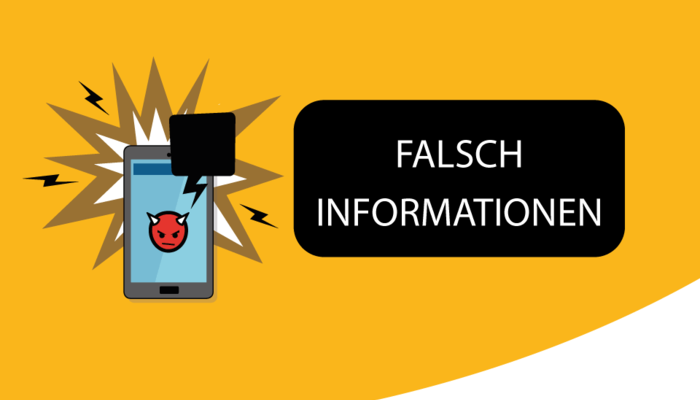 Illustration von einem Smartphone auf dem ein Teufel-smiley abgebildet ist. Text: "Falsch Informationen"