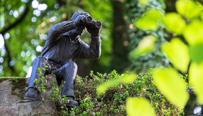 figure en bronze se cachant dans les buissons et qui regarde à travers des jumelles