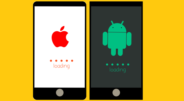 Illustration avec deux smartphones et leurs systèmes d'exploitation. Le logo Apple d'un côté, le logo Android de l'autre et un signe "charger" à chaque fois