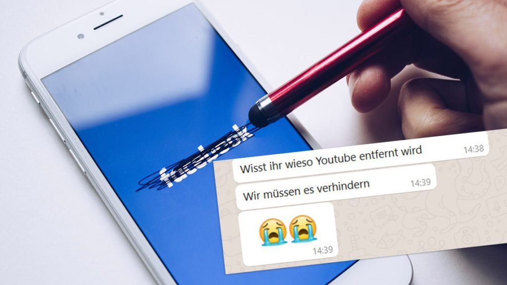 Smartphonebildschirm auf dem das Facebook-logo durchgestrichen wird und eine Nachricht im vordergrund die sagt dass das löschen von YouTube verhindert werden muss