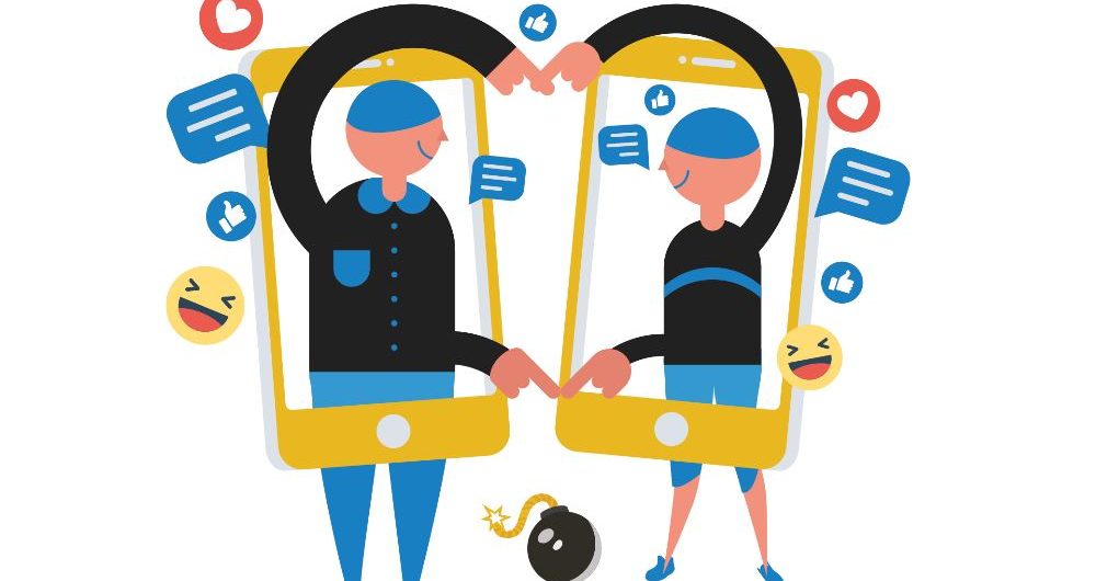 Illustration de deux personnes qui font un cœur avec les bras à l'intérieur d'un smartphone