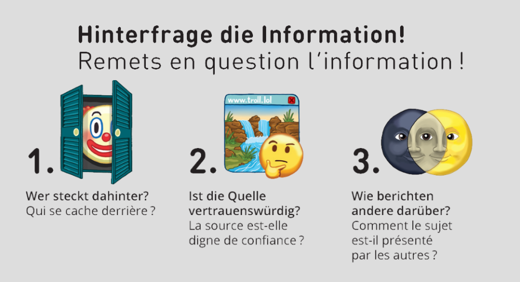 illustrations contenant des émojis qui se posent les 3 questions principales de la campagne checkyourfacts de BEE SECURE