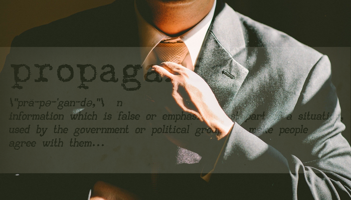 checkyourfacts-Doc2 Foto eines Mannes in einer Krawatte mit der Definition vom Wort Propaganda als Wasserzeichen