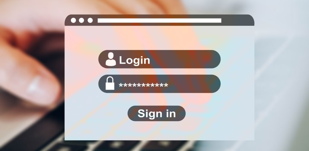 Im Hintergrund eine Computertastatur mit einer Hand die darauf tippt. Im Vordergrund ein Popup Fenster um sich zu einzuloggen