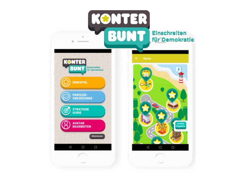 Illustration eines Smartphones mit der Konterbunt-App auf dem Bildschirm