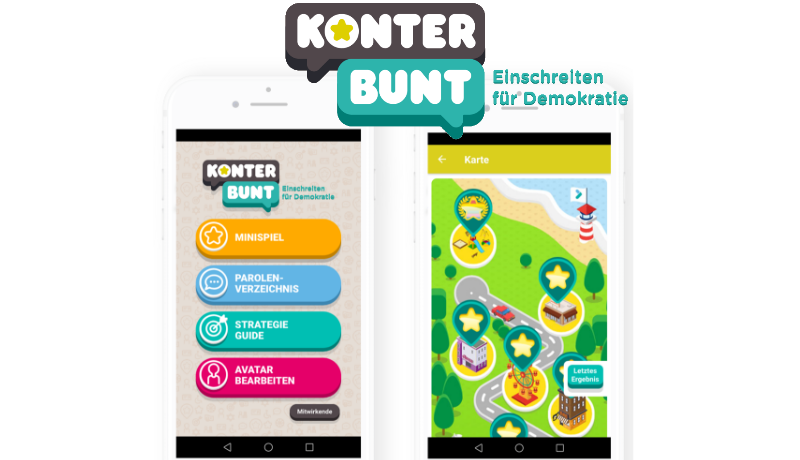 Illustration d'un smartphone avec l'application Konterbunt à l'écran