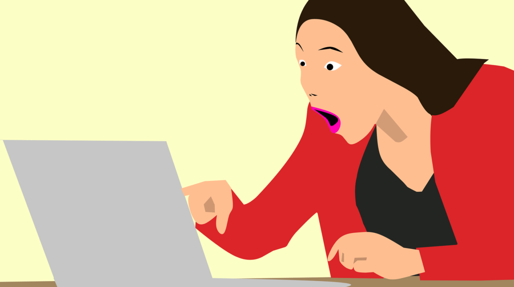 Illustration einer Frau die verwundert auf Ihr Laptop zeigt