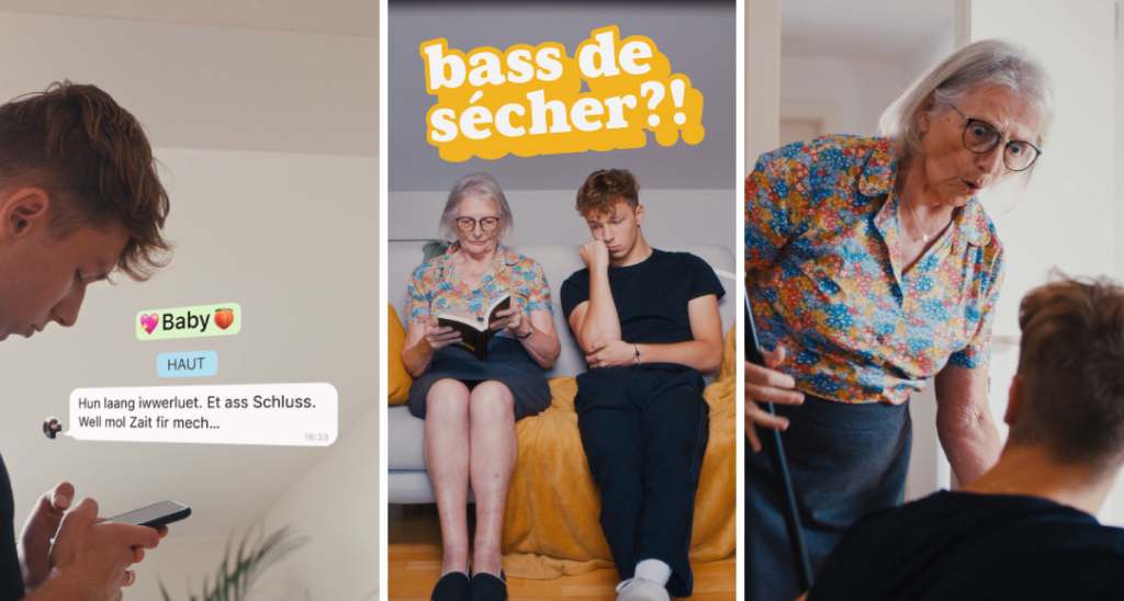 Das Bild ist in 3 Fotos unterteilt: Das 1. Foto zeigt einen Teenager, der Nachrichten auf seinem Handy schreibt, das 2. zeigt eine Großmutter und den Teenager, der auf einem Sofa sitzt, und das 3. zeigt die Großmutter, die den Teenager warnt.