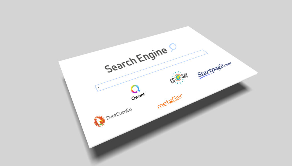 Page Internet avec inscription "Search Engine" et des logos de différents moteurs de recherche
