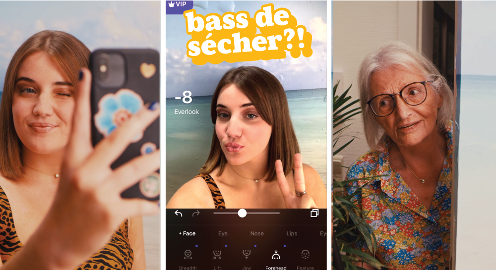 La photo est divisé en 3 images : D'abord une jeune fille qui fait un selfie, ensuite l'écran du smartphone sur lequel elle retouche la photo et la dernière montre une grand-mère curieuse.