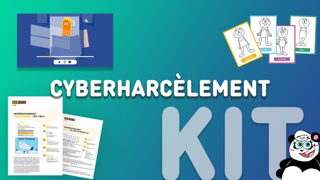 Image qui reprend le titre de Kit sur le cyberharcèlement et qui affiche une vidéo et des feuilles de travail.