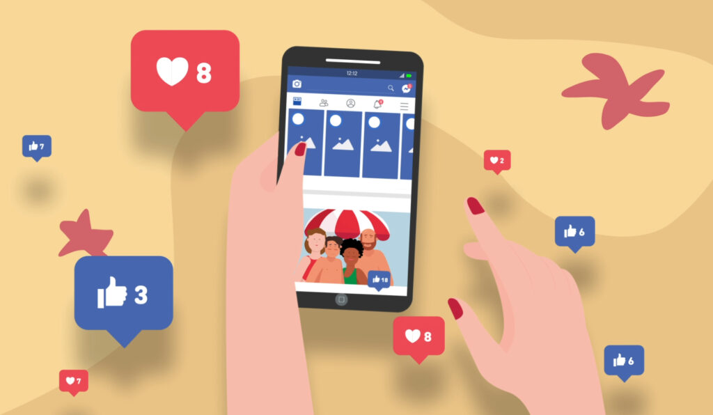 Smartphone affichant la page Facebook avec une photo de famill (personne en maillot de bain)