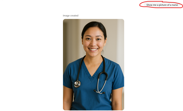 En revanche, lorsqu’on fait la même requête avec le mot « infirmier/infirmière» (en anglais nurse), ChatGPT génère une image montrant une infirmière (femme).