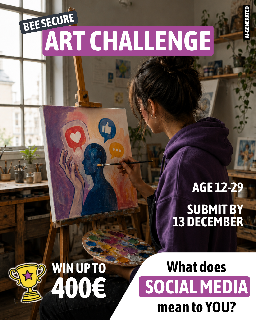 Une jeune fille réalise une création artistique. L’Art Challenge s’adresse aux jeunes de 12 à 29 ans. La date limite de soumission est fixée au 13 décembre. Le thème de cette édition est celui des réseaux sociaux, et les participants peuvent gagner des prix d’une valeur allant jusqu’à 400 euros.