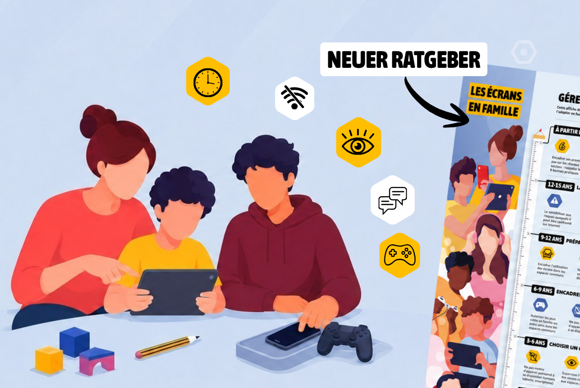 Eine Familie diskutiert zusammen wie Bildschirme in der Familie gehandhabt werden mit Hilfe des neuen Ratgebers.